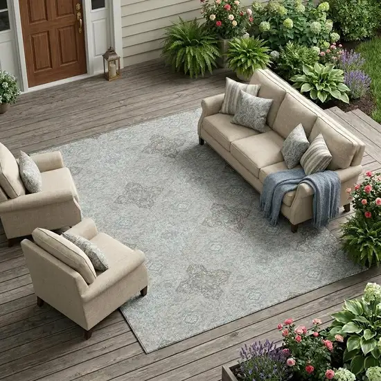 Silver And Brown Damask Washable Indoor Outdoor Area Rug Photo 1