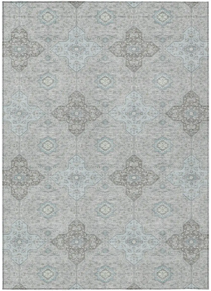 Silver And Brown Damask Washable Indoor Outdoor Area Rug Photo 2
