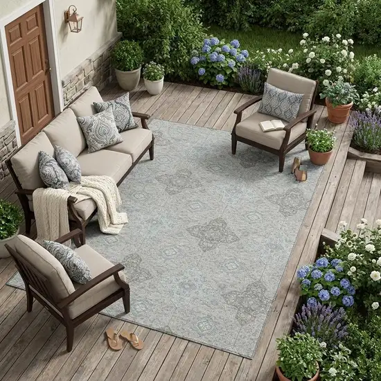 Silver And Brown Damask Washable Indoor Outdoor Area Rug Photo 1