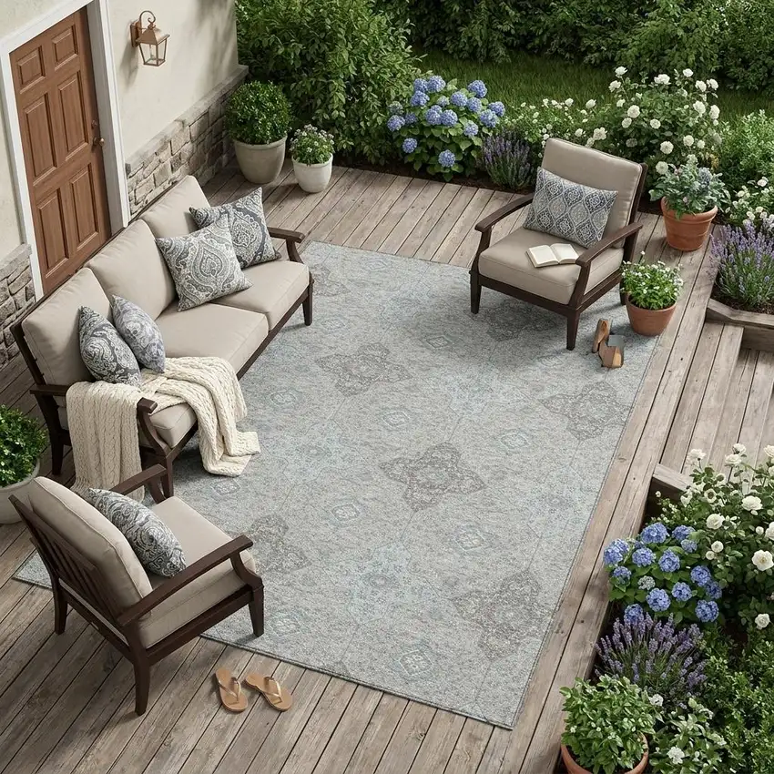 Silver And Brown Damask Washable Indoor Outdoor Area Rug Photo 1