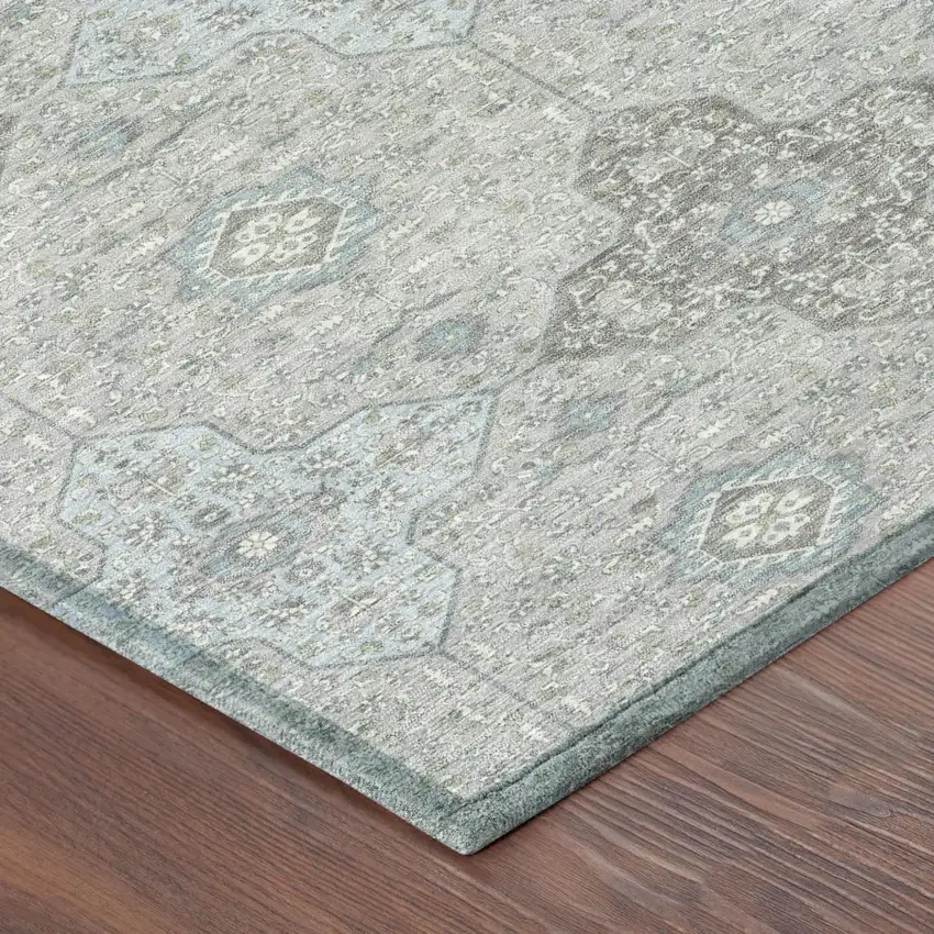 Silver And Brown Damask Washable Indoor Outdoor Area Rug Photo 5