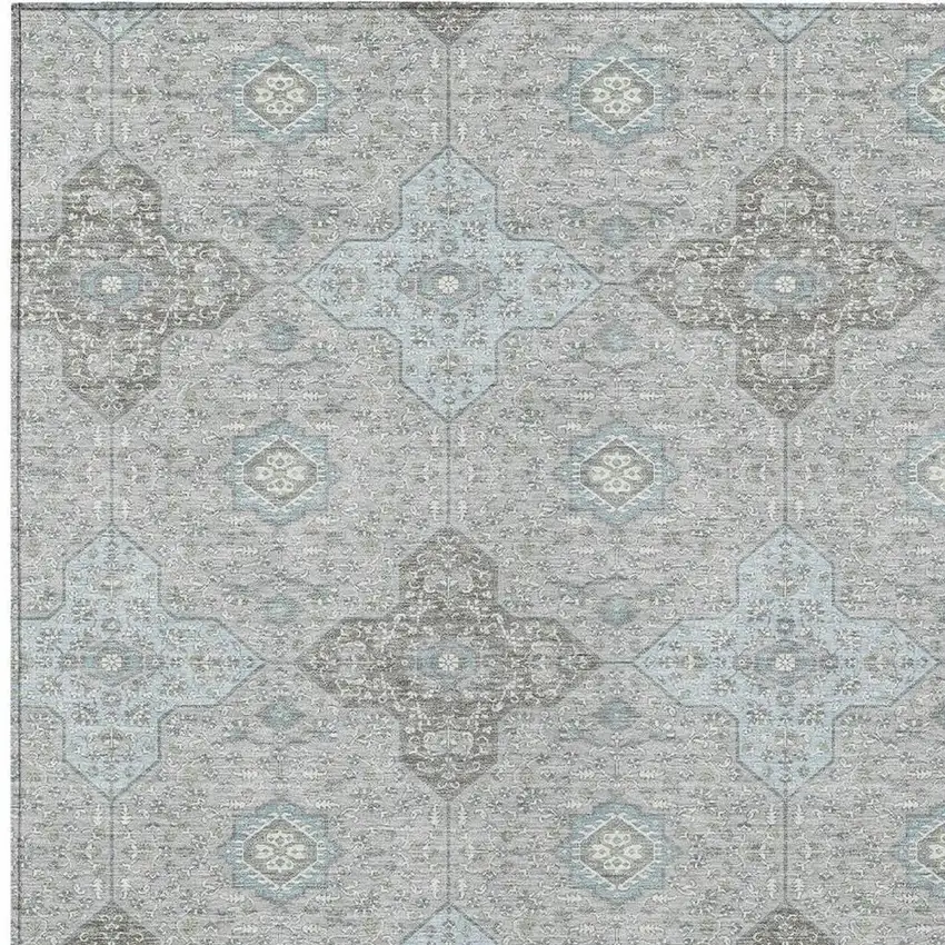 Silver And Brown Damask Washable Indoor Outdoor Area Rug Photo 3