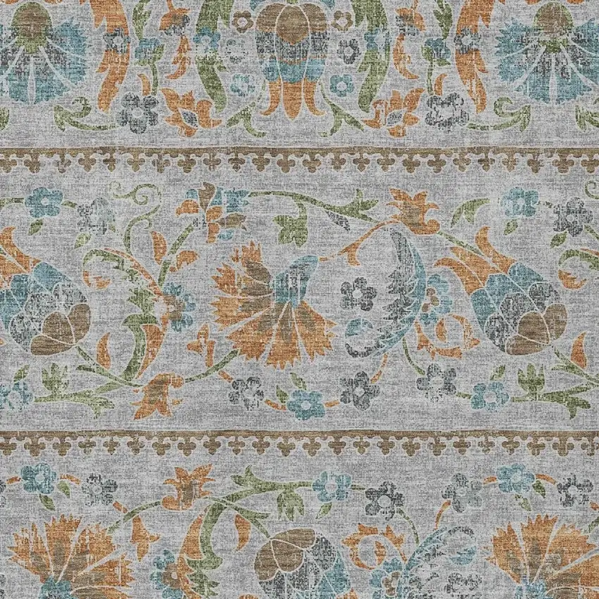 Silver And Brown Floral Washable Indoor Outdoor Area Rug Photo 2