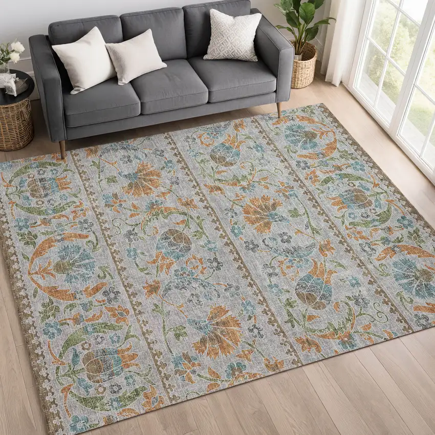Silver And Brown Floral Washable Indoor Outdoor Area Rug Photo 6