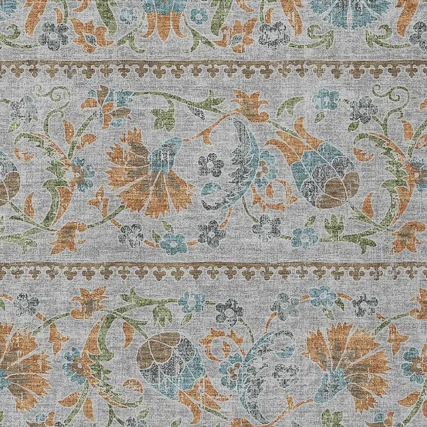 Silver And Brown Floral Washable Indoor Outdoor Area Rug Photo 2