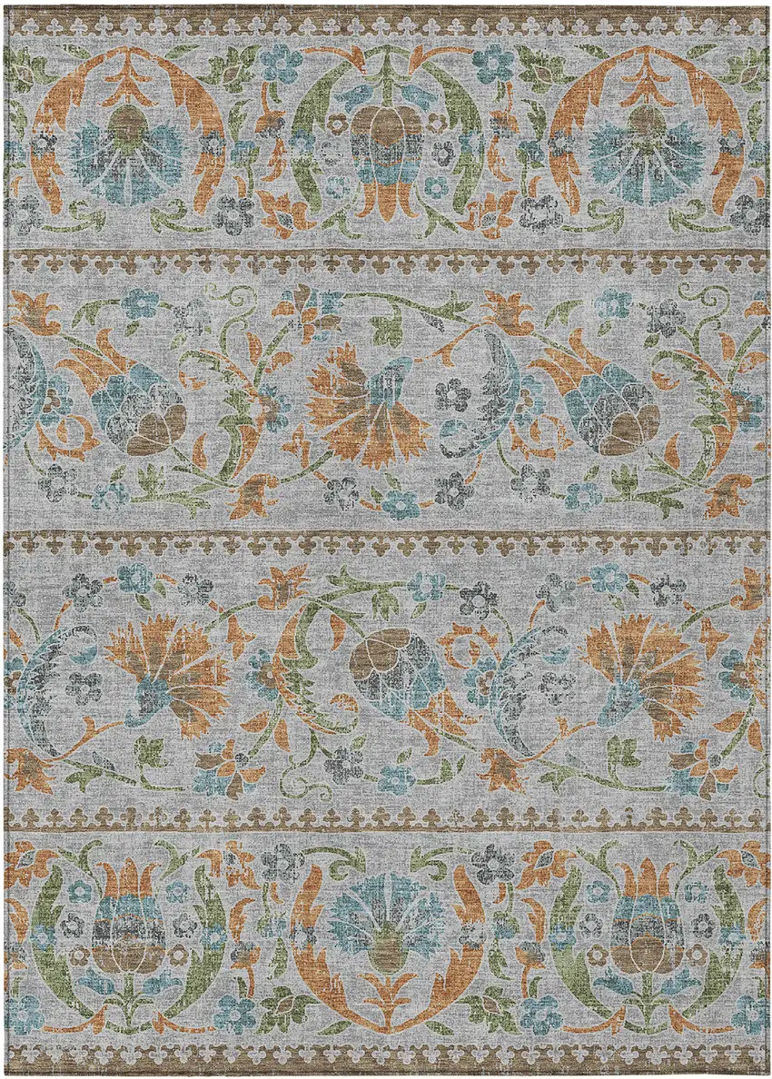 Silver And Brown Floral Washable Indoor Outdoor Area Rug Photo 1