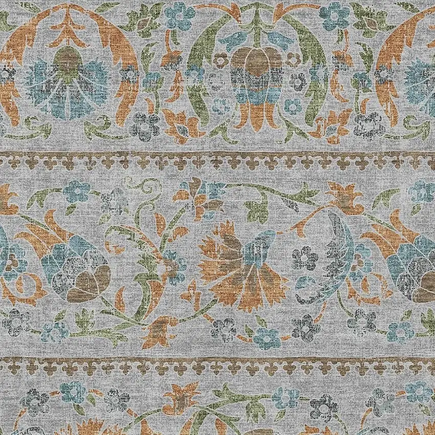 Silver And Brown Floral Washable Indoor Outdoor Area Rug Photo 2