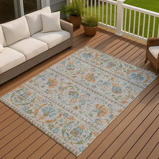 Silver And Brown Floral Washable Indoor Outdoor Area Rug Photo 7