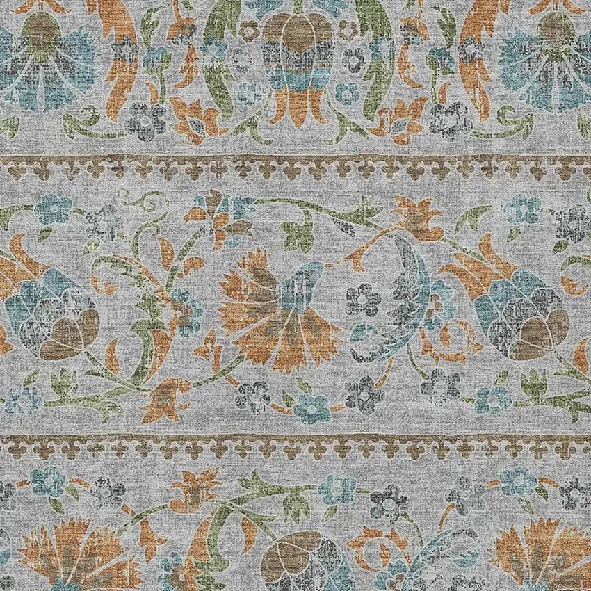 Silver And Brown Floral Washable Indoor Outdoor Area Rug Photo 2