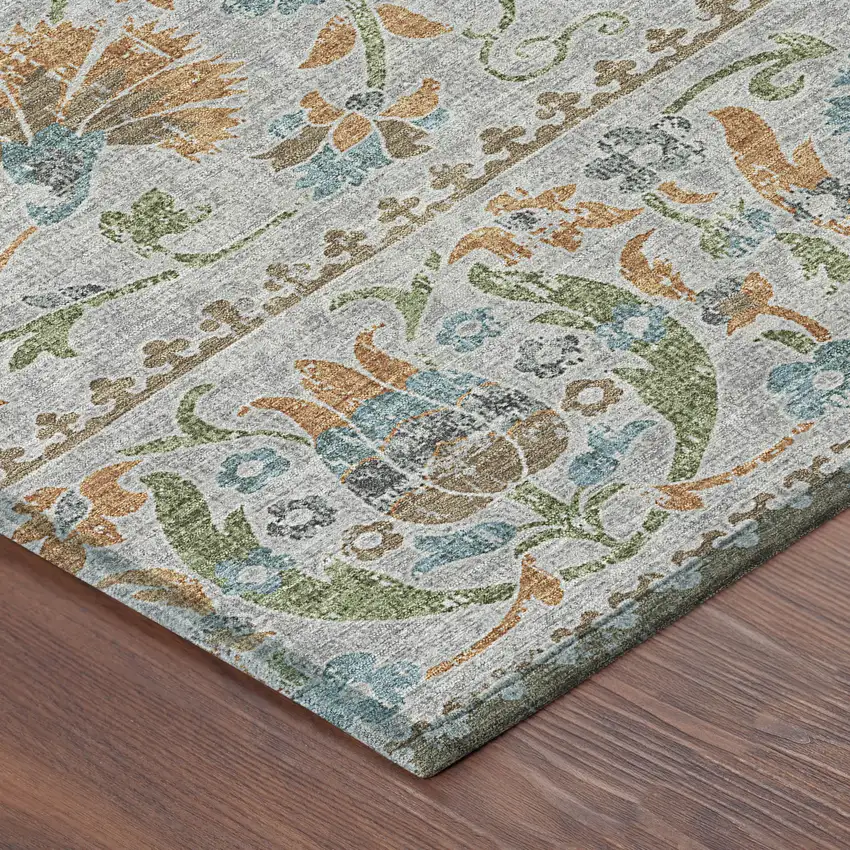 Silver And Brown Floral Washable Indoor Outdoor Area Rug Photo 8