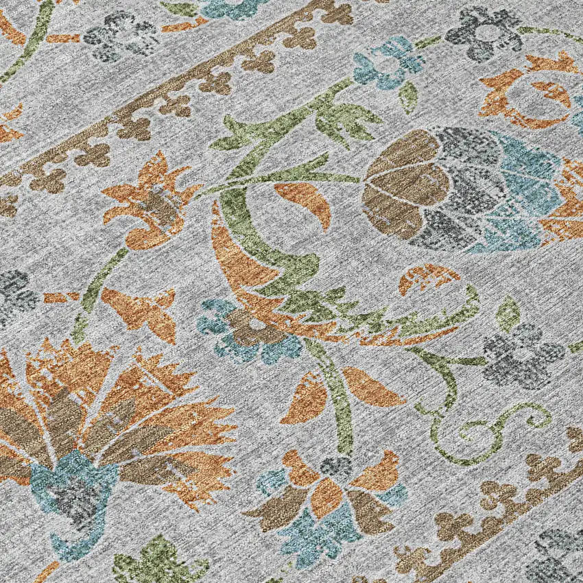 Silver And Brown Floral Washable Indoor Outdoor Area Rug Photo 9