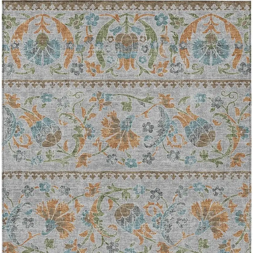 Silver And Brown Floral Washable Indoor Outdoor Area Rug Photo 3