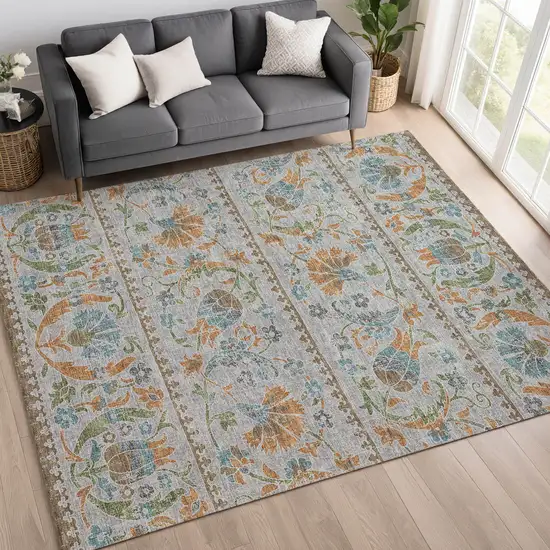 Silver And Brown Floral Washable Indoor Outdoor Area Rug Photo 6