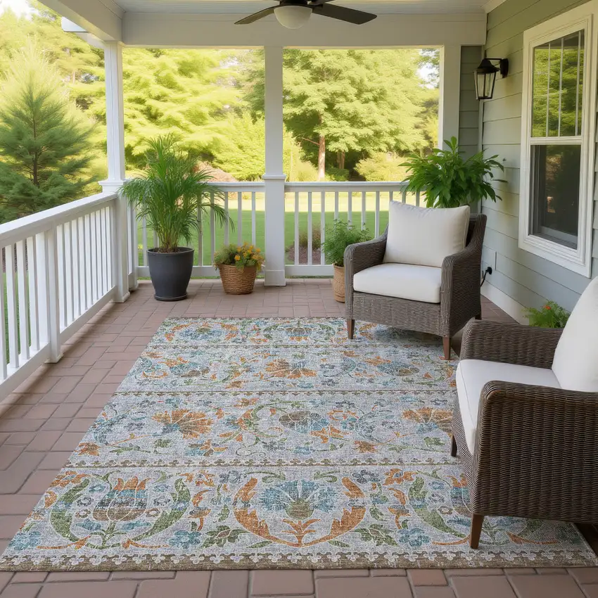 Silver And Brown Floral Washable Indoor Outdoor Area Rug Photo 4