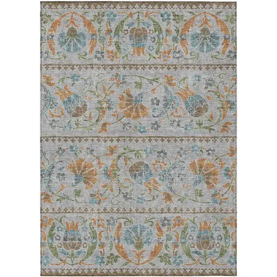 Silver And Brown Floral Washable Indoor Outdoor Area Rug Photo 1