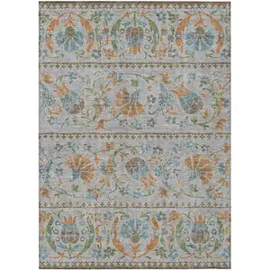 Photo of Silver And Brown Floral Washable Indoor Outdoor Area Rug