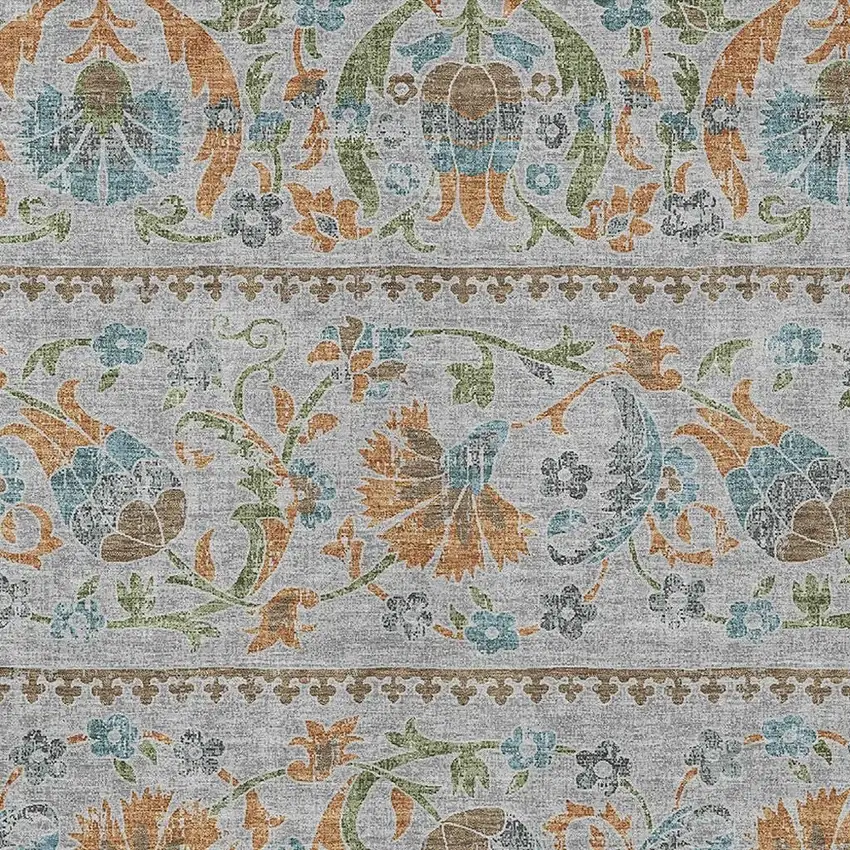 Silver And Brown Floral Washable Indoor Outdoor Area Rug Photo 2
