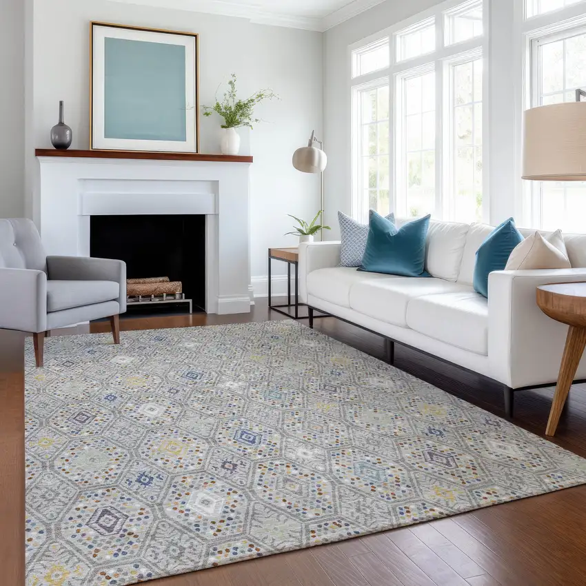 Silver And Brown Geometric Washable Indoor Outdoor Area Rug Photo 6