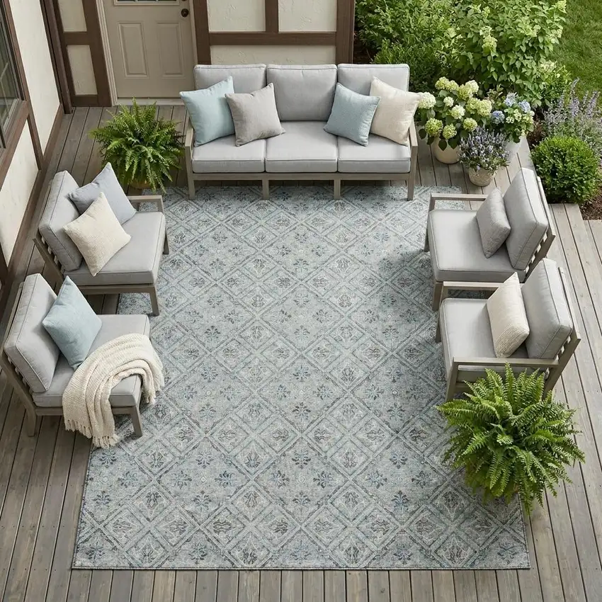 Silver And Brown Geometric Washable Indoor Outdoor Area Rug Photo 1