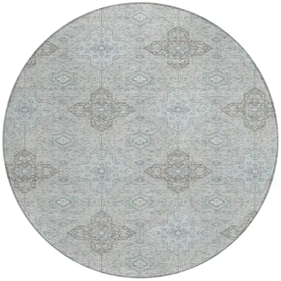 Silver And Brown Round Damask Washable Indoor Outdoor Area Rug Photo 3