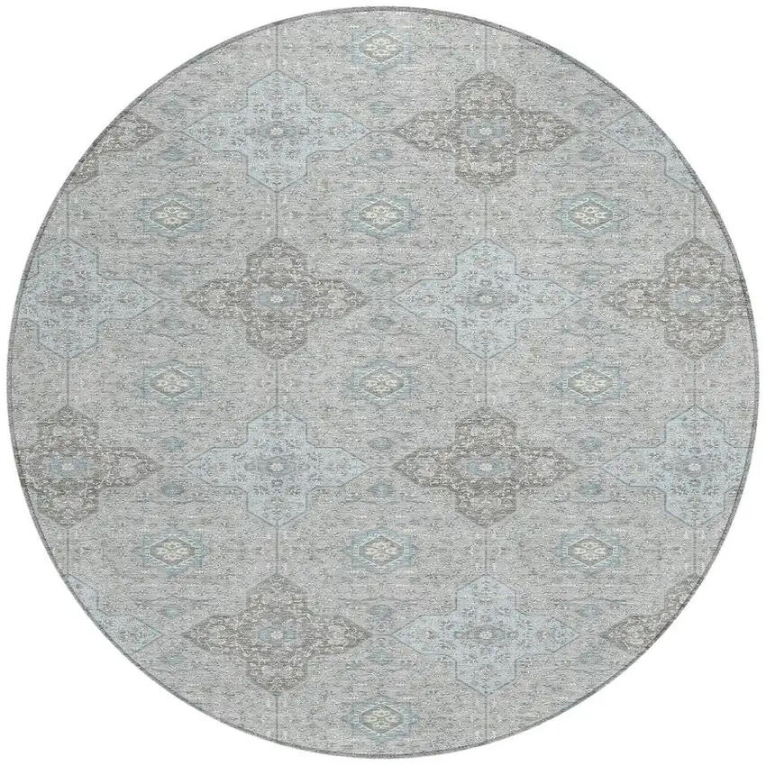 Silver And Brown Round Damask Washable Indoor Outdoor Area Rug Photo 3