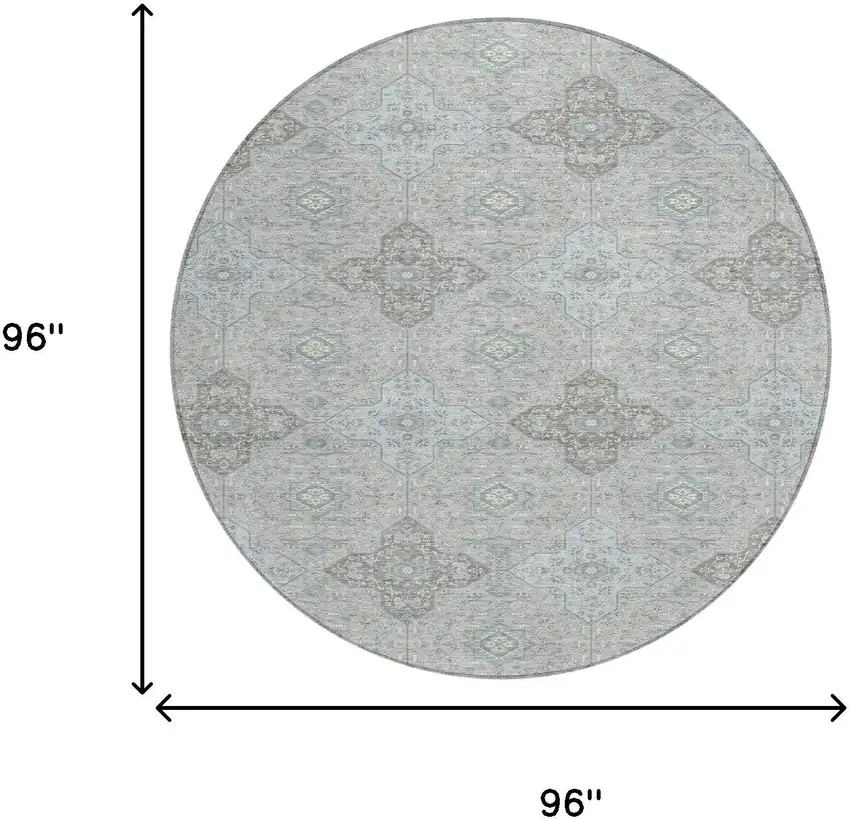 Silver And Brown Round Damask Washable Indoor Outdoor Area Rug Photo 6