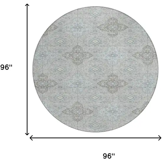 Silver And Brown Round Damask Washable Indoor Outdoor Area Rug Photo 6