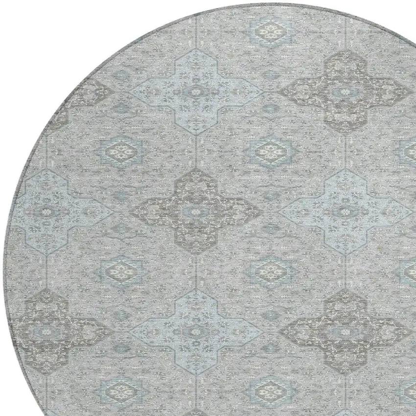 Silver And Brown Round Damask Washable Indoor Outdoor Area Rug Photo 2