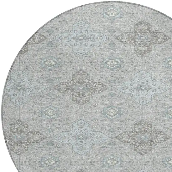 Silver And Brown Round Damask Washable Indoor Outdoor Area Rug Photo 2