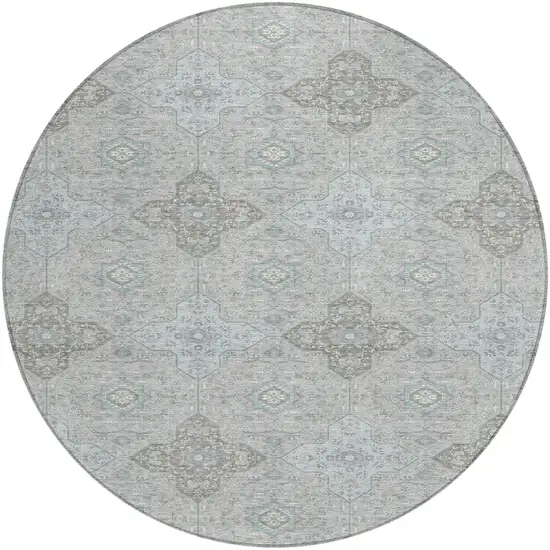 Silver And Brown Round Damask Washable Indoor Outdoor Area Rug Photo 1