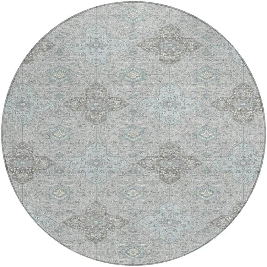 Silver And Brown Round Damask Washable Indoor Outdoor Area Rug Photo 1