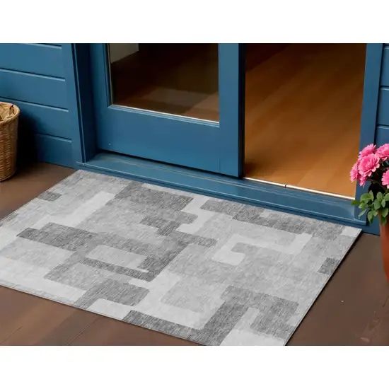 Silver And Charcoal Abstract Washable Indoor Outdoor Area Rug Photo 9