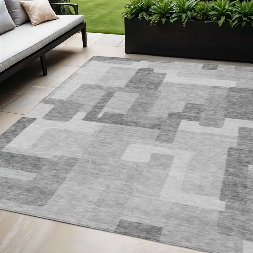Silver And Charcoal Abstract Washable Indoor Outdoor Area Rug Photo 1