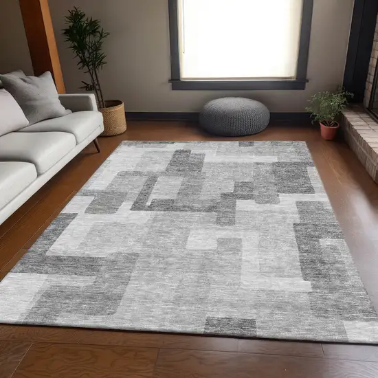 Silver And Charcoal Abstract Washable Indoor Outdoor Area Rug Photo 7