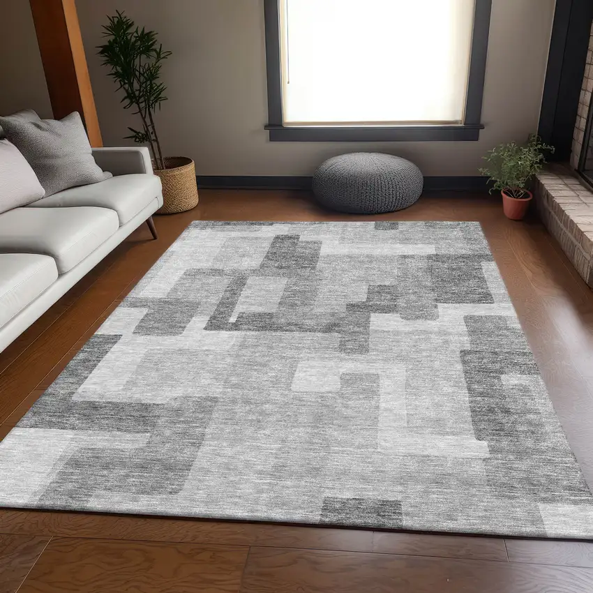Silver And Charcoal Abstract Washable Indoor Outdoor Area Rug Photo 7