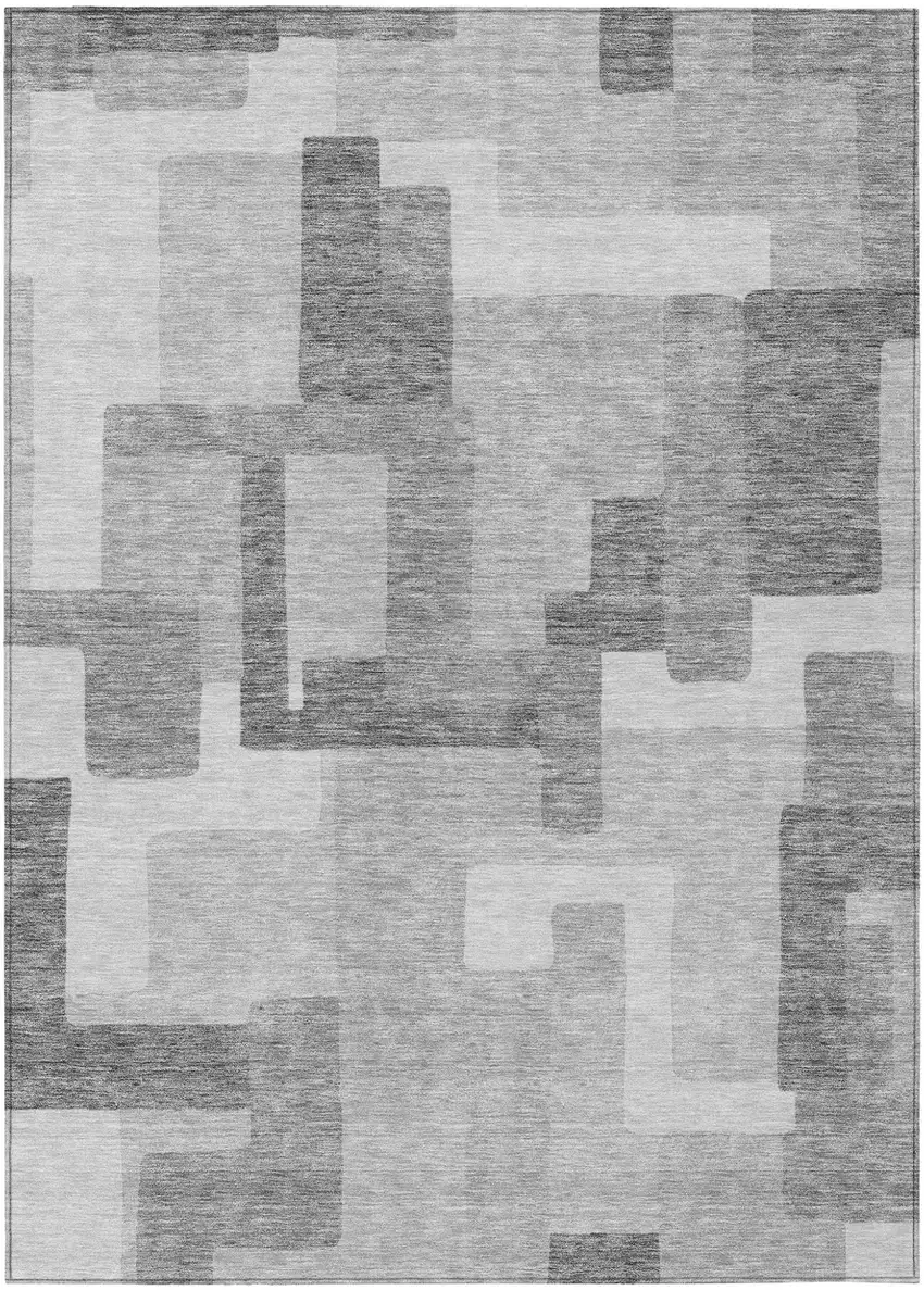 Silver And Charcoal Abstract Washable Indoor Outdoor Area Rug Photo 1