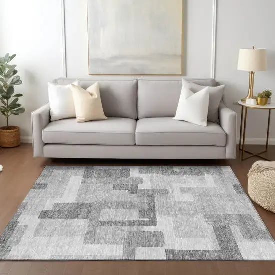Silver And Charcoal Abstract Washable Indoor Outdoor Area Rug Photo 8
