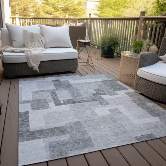 Silver And Charcoal Abstract Washable Indoor Outdoor Area Rug Photo 9