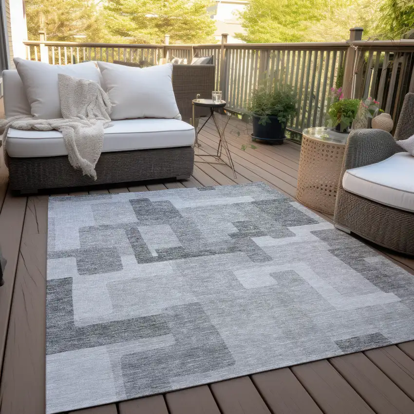 Silver And Charcoal Abstract Washable Indoor Outdoor Area Rug Photo 9