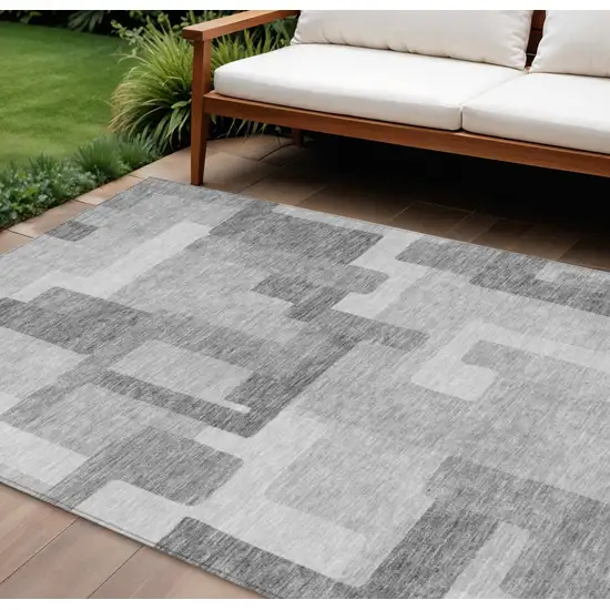 Silver And Charcoal Abstract Washable Indoor Outdoor Area Rug Photo 1