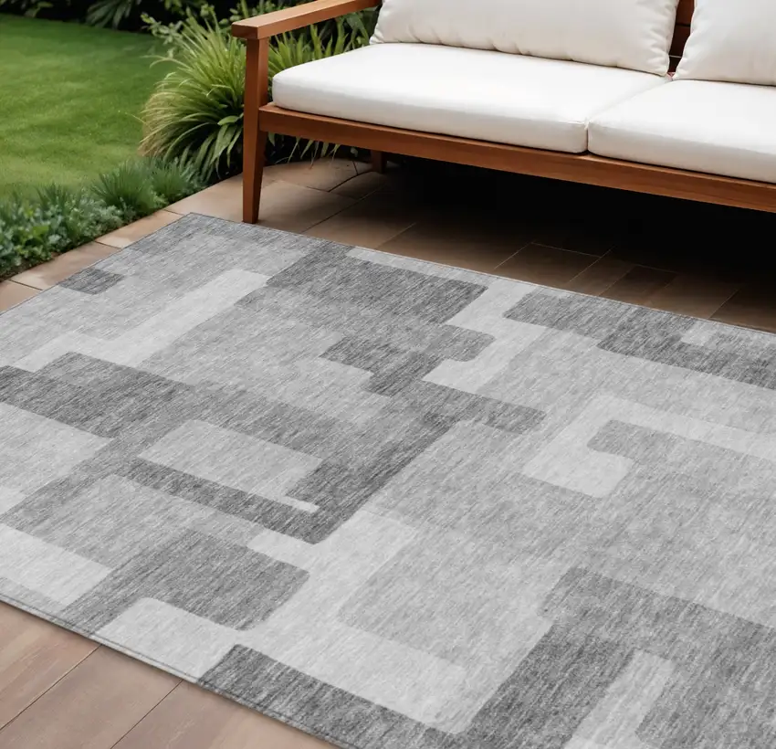 Silver And Charcoal Abstract Washable Indoor Outdoor Area Rug Photo 1