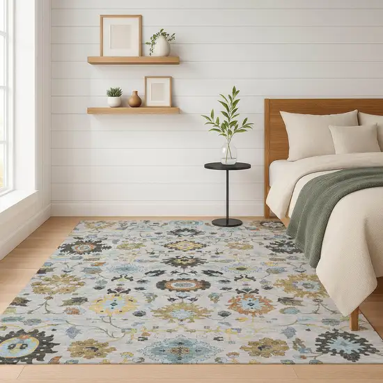 Silver And Charcoal Floral Medallion Washable Indoor Outdoor Area Rug Photo 6