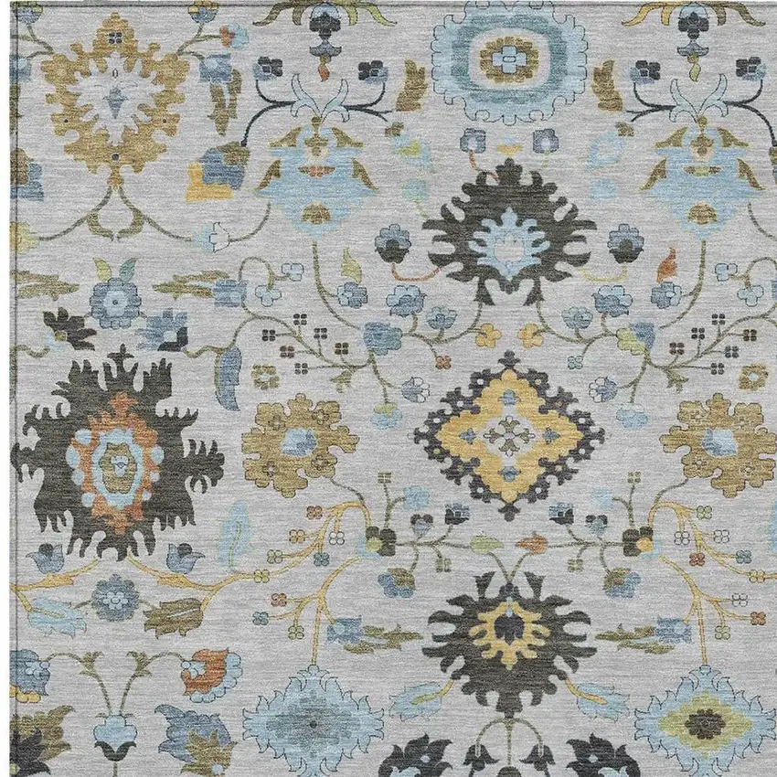 Silver And Charcoal Floral Medallion Washable Indoor Outdoor Area Rug Photo 2