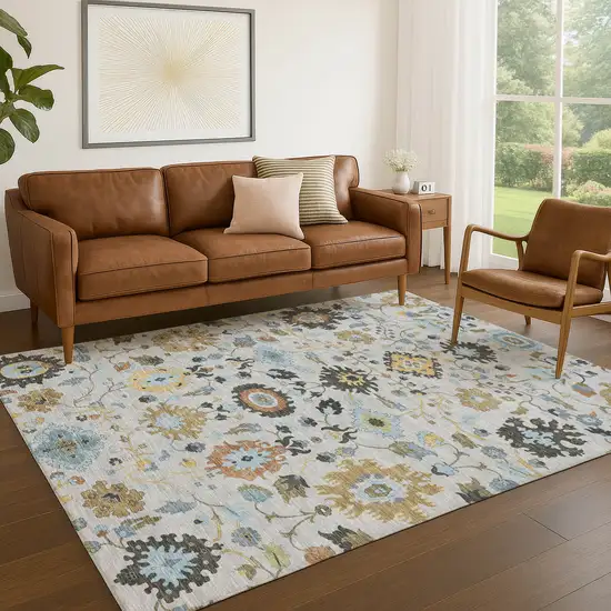 Silver And Charcoal Floral Medallion Washable Indoor Outdoor Area Rug Photo 5