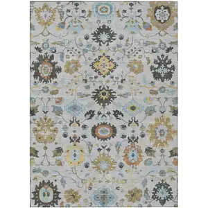 Photo of Silver And Charcoal Floral Medallion Washable Indoor Outdoor Area Rug