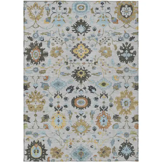 Silver And Charcoal Floral Medallion Washable Indoor Outdoor Area Rug Photo 1