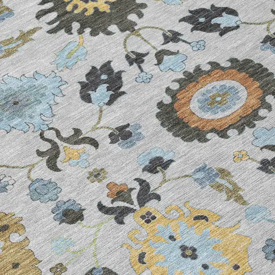 Silver And Charcoal Floral Medallion Washable Indoor Outdoor Area Rug Photo 9