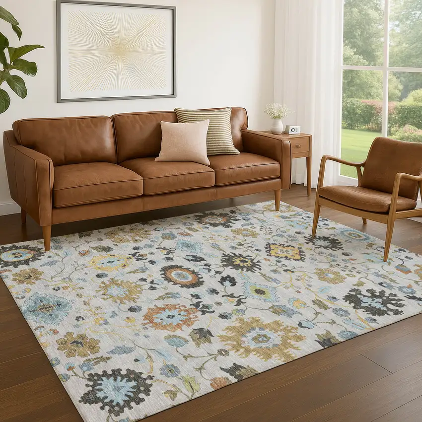Silver And Charcoal Floral Medallion Washable Indoor Outdoor Area Rug Photo 5