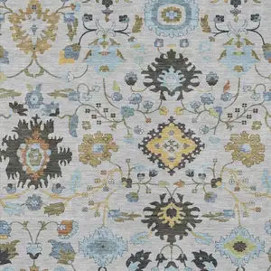 Photo of Silver And Charcoal Floral Medallion Washable Indoor Outdoor Area Rug