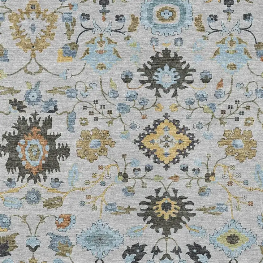 Silver And Charcoal Floral Medallion Washable Indoor Outdoor Area Rug Photo 2